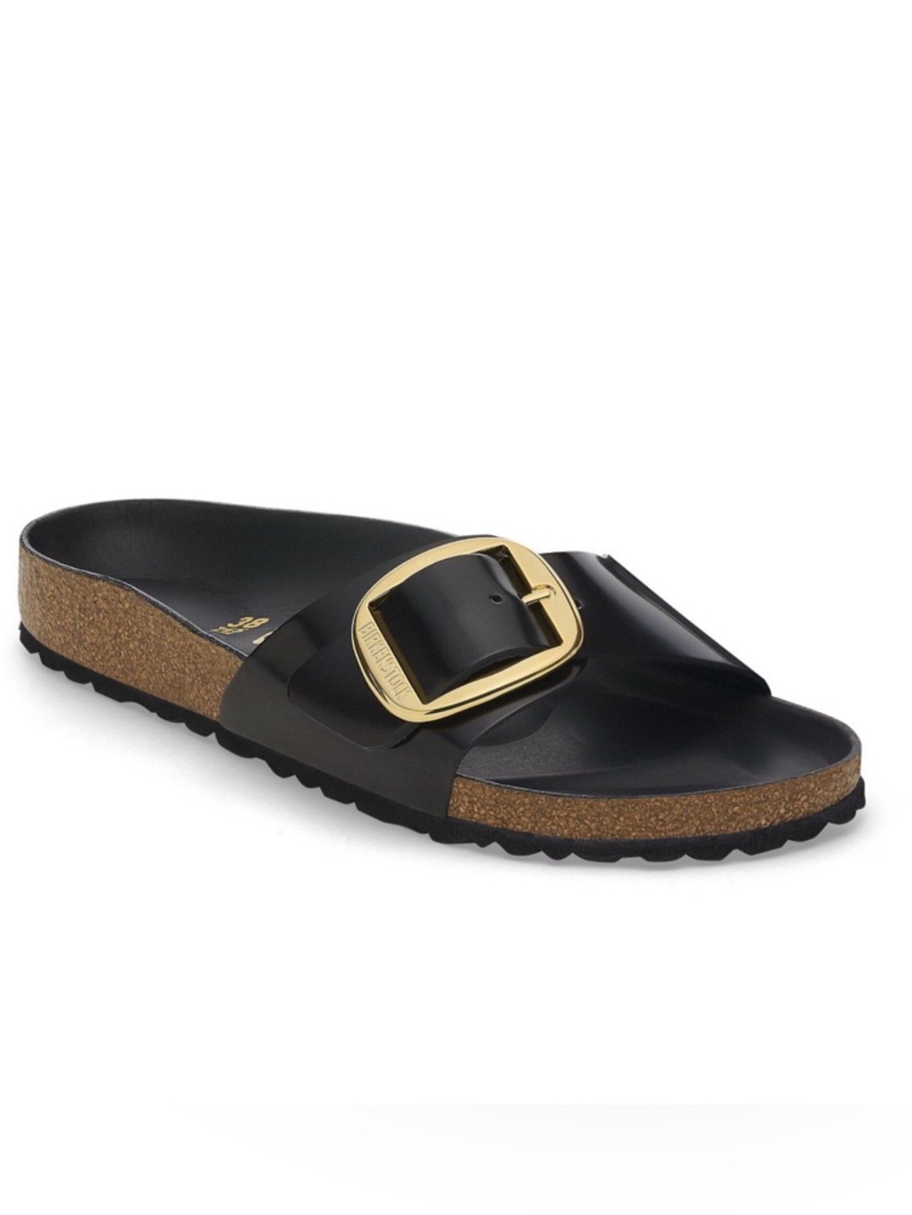 Birkenstock Madrid Big Buckle Sandal - High Shine Black with Gold Buckle